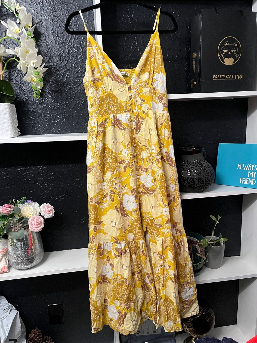 Abercrombie & Fitch Yellow Floral Midi Dress - Spaghetti Strap L